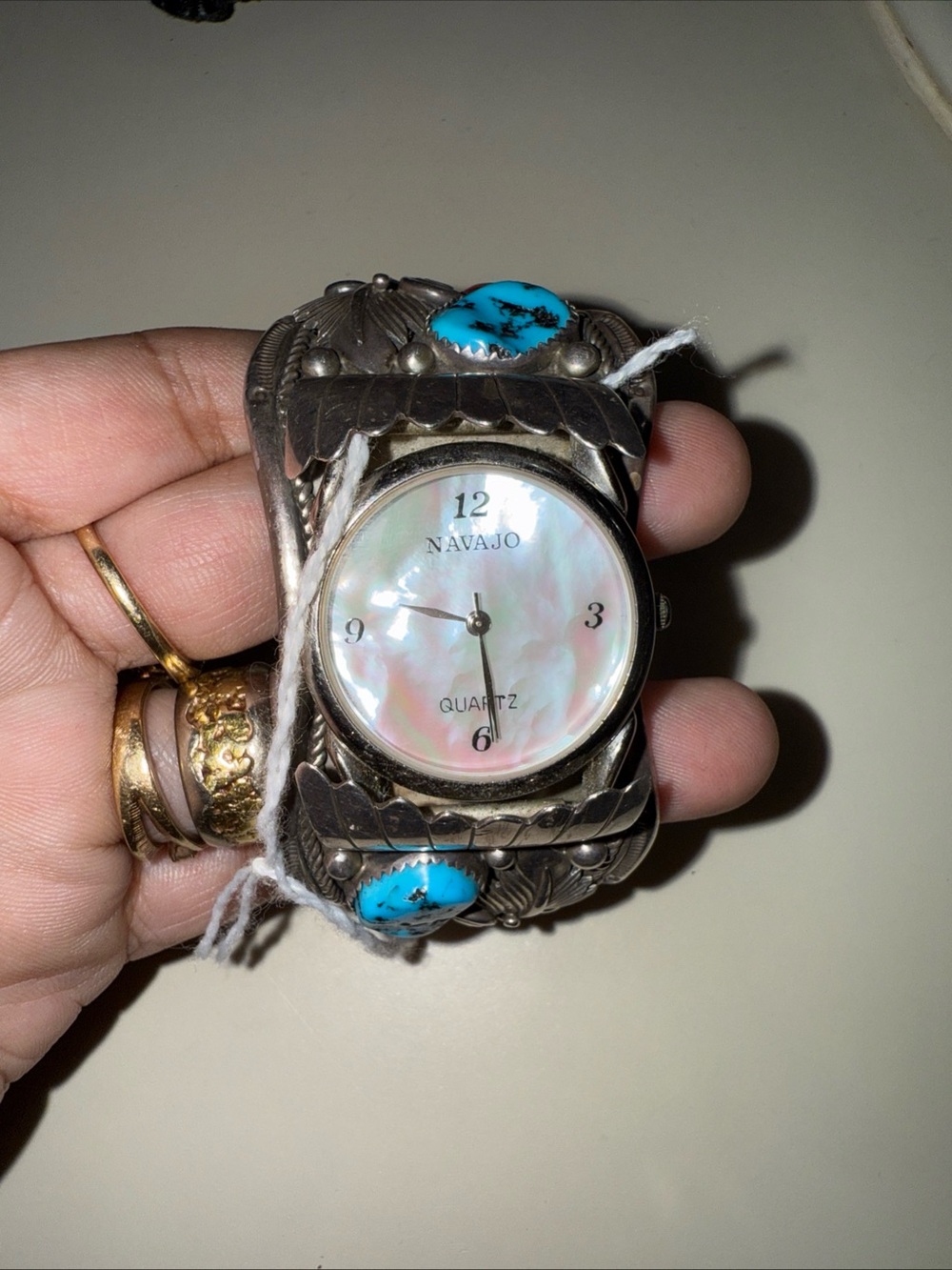 Vintage Sterling Silver Navajo Turquoise and coral inlay cuff watch